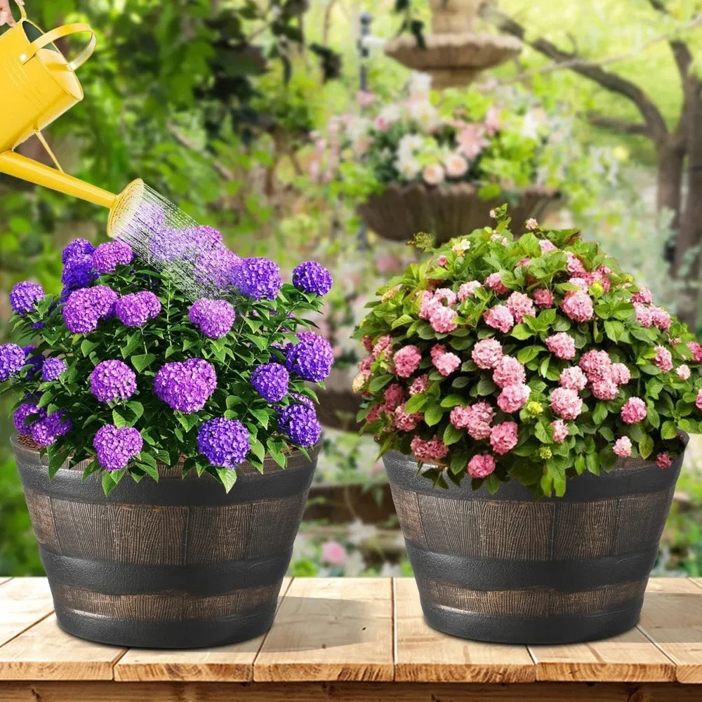 Rustic Oak Resin Whiskey Barrel Planters for Indoor Outdoor Plants