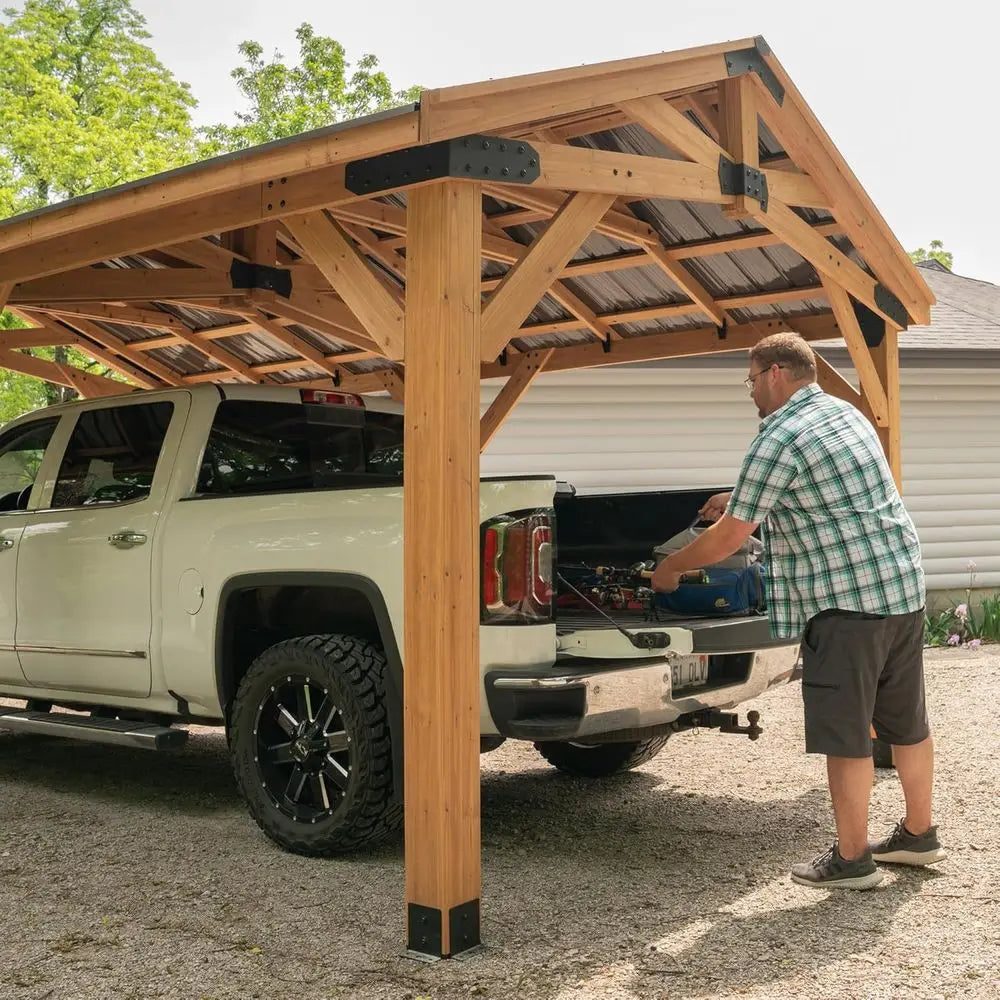 Norwood Cedar Wood Carport Pavilion With Steel Roof