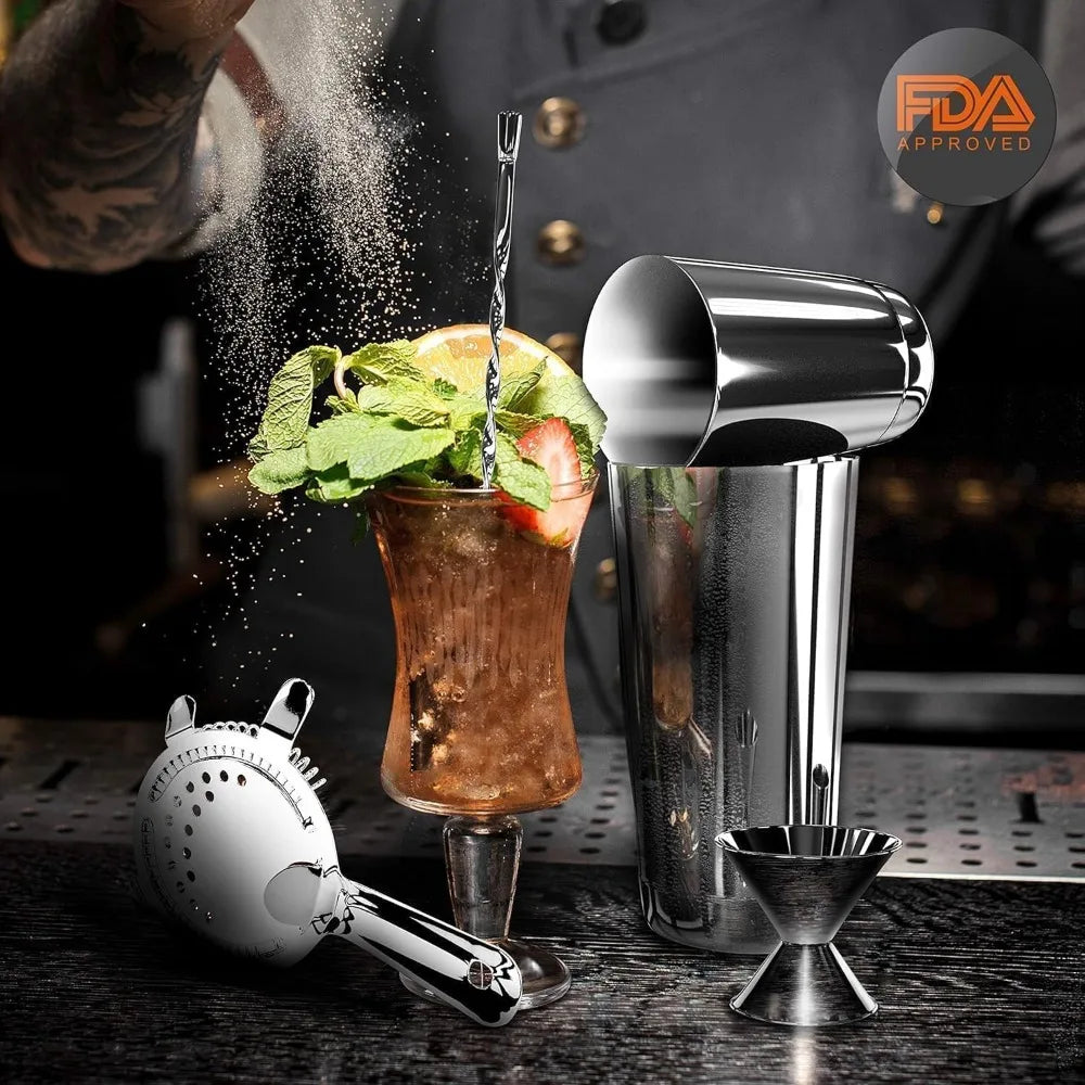 Stainless Steel Cocktail Shaker Set With Bar Tools And Recipe