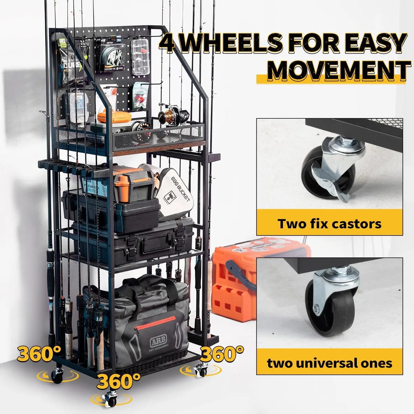 Fishing Rod Storage Cart Pegboard Holds 12 Rods Lockable Wheels