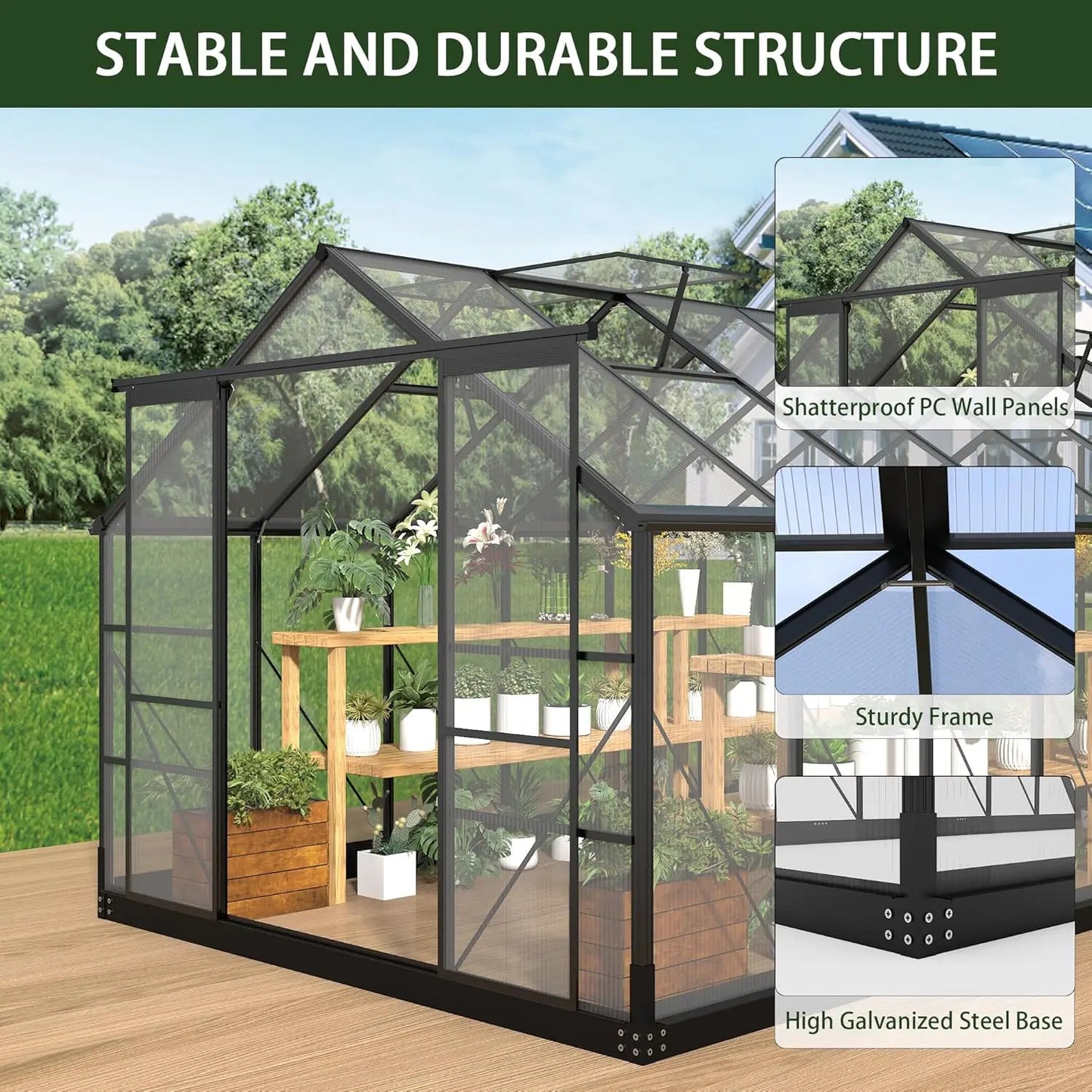 Polycarbonate Greenhouse With Aluminum Frame And Adjustable Roof Vent