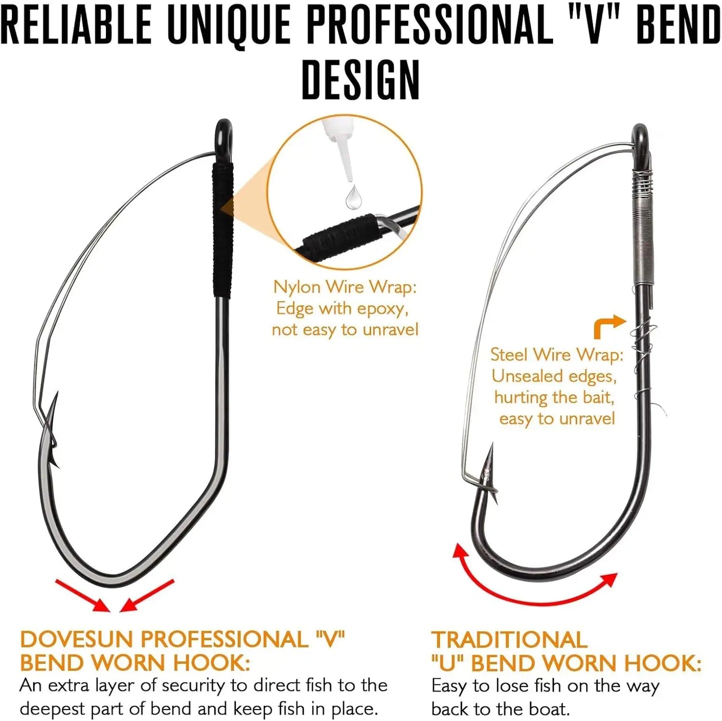 V Bend Weedless Worm Hooks For Bass Fishing 30Pcs Professional