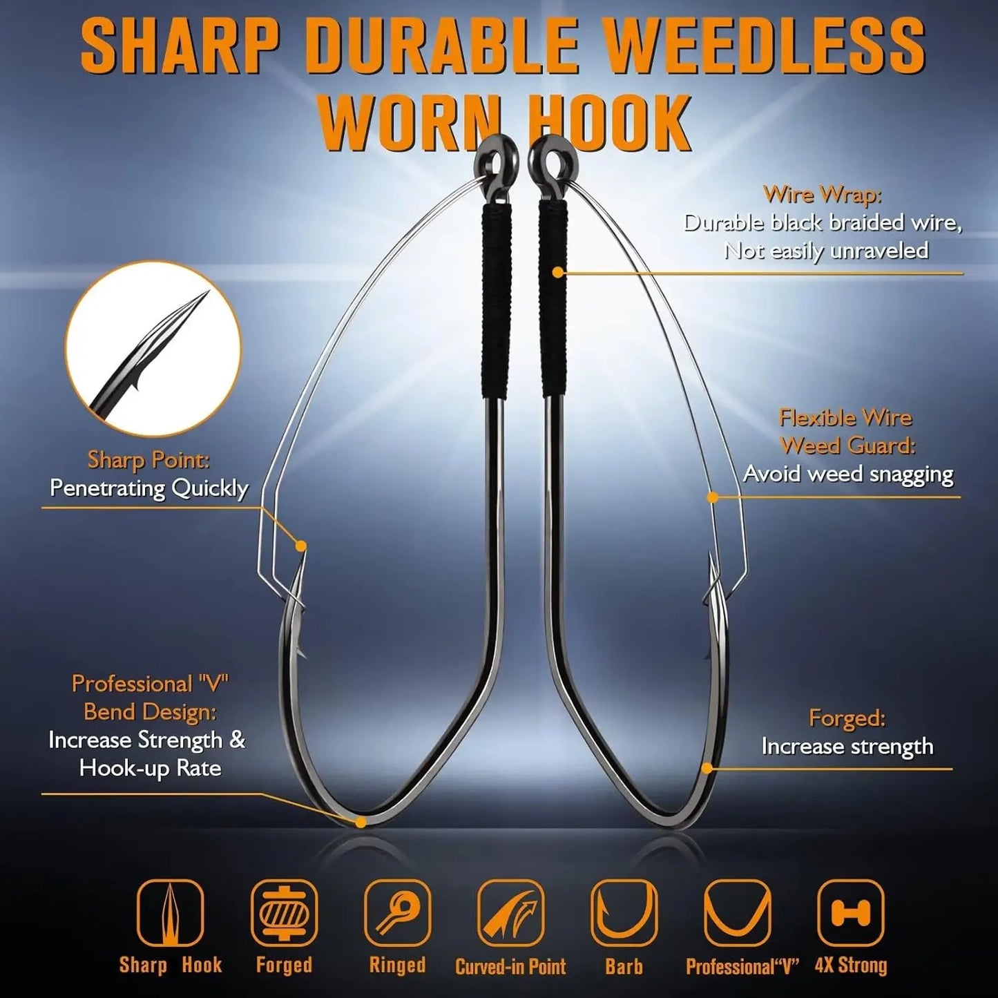 V Bend Weedless Worm Hooks For Bass Fishing 30Pcs Professional