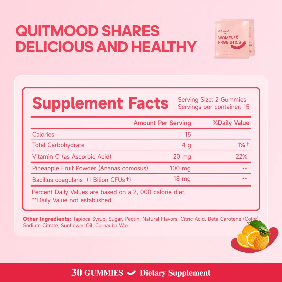 Quitmood Women Probiotics Feminine PH Balance Gummies Vitamin C Pineapple