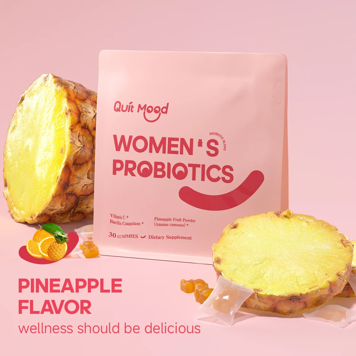Quitmood Women Probiotics Feminine PH Balance Gummies Vitamin C Pineapple