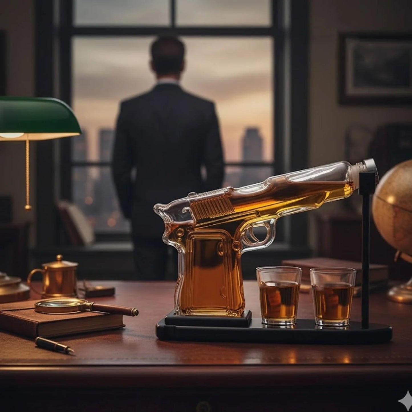 Gun Whiskey Decanter Set With Wooden Stand And 2 Cups
