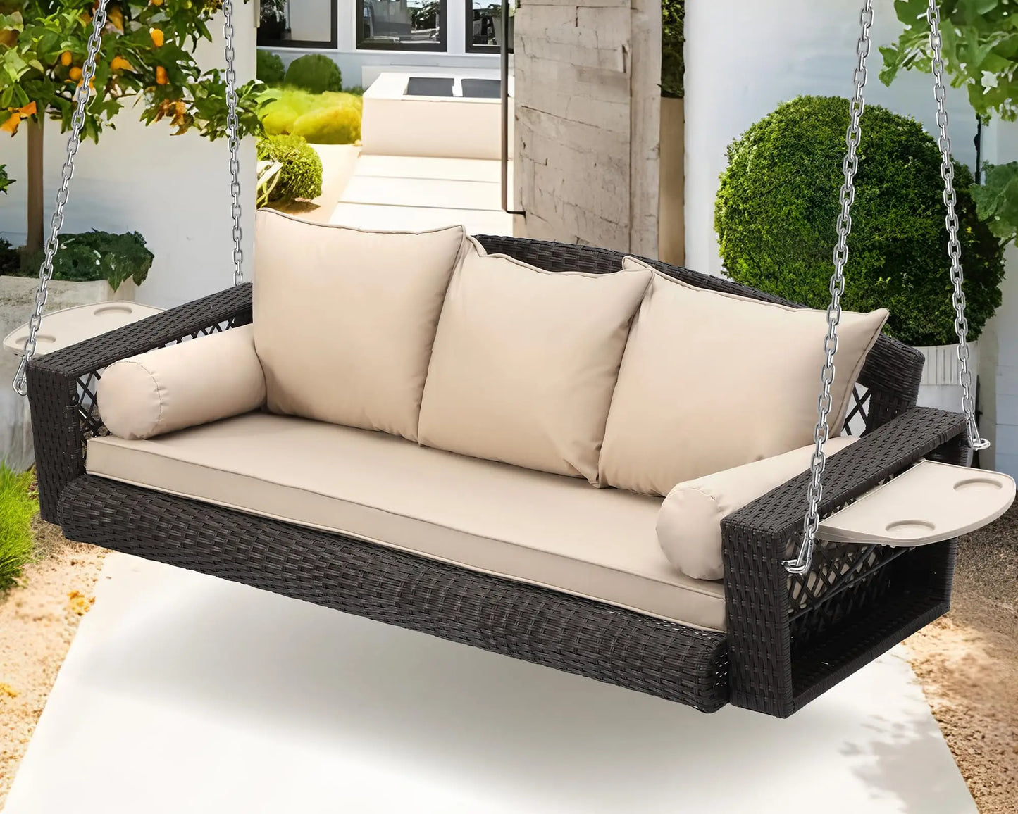 ZHENDAI Wicker Hanging Porch Swing 3-Seat Patio Swing