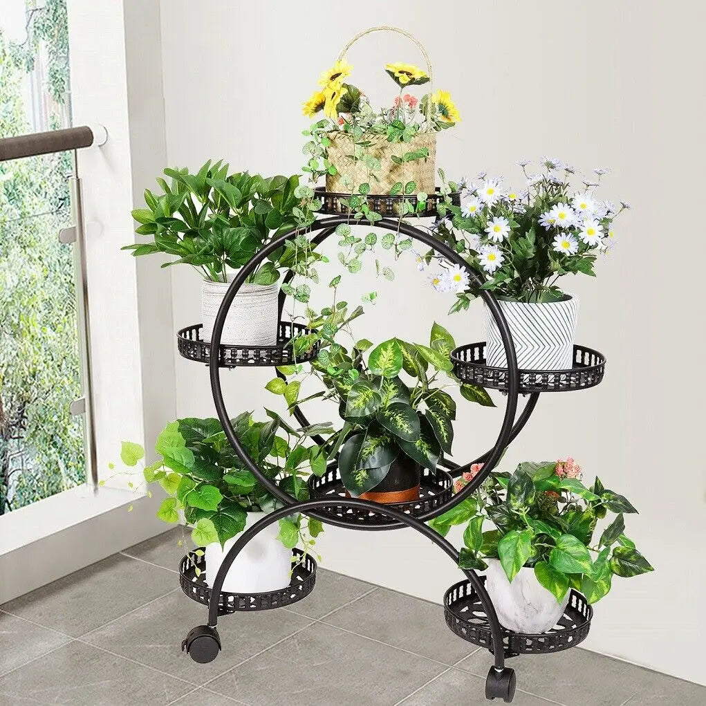 Six Pot Plant Stand With Wheels Metal Display Rack