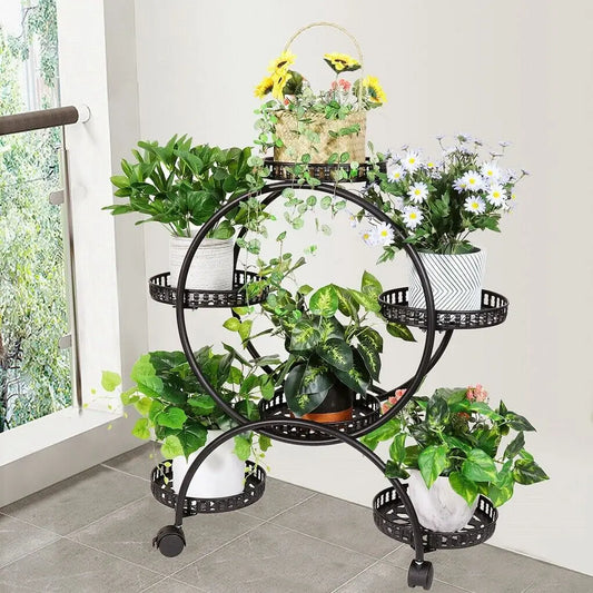 Six Pot Plant Stand With Wheels Metal Display Rack