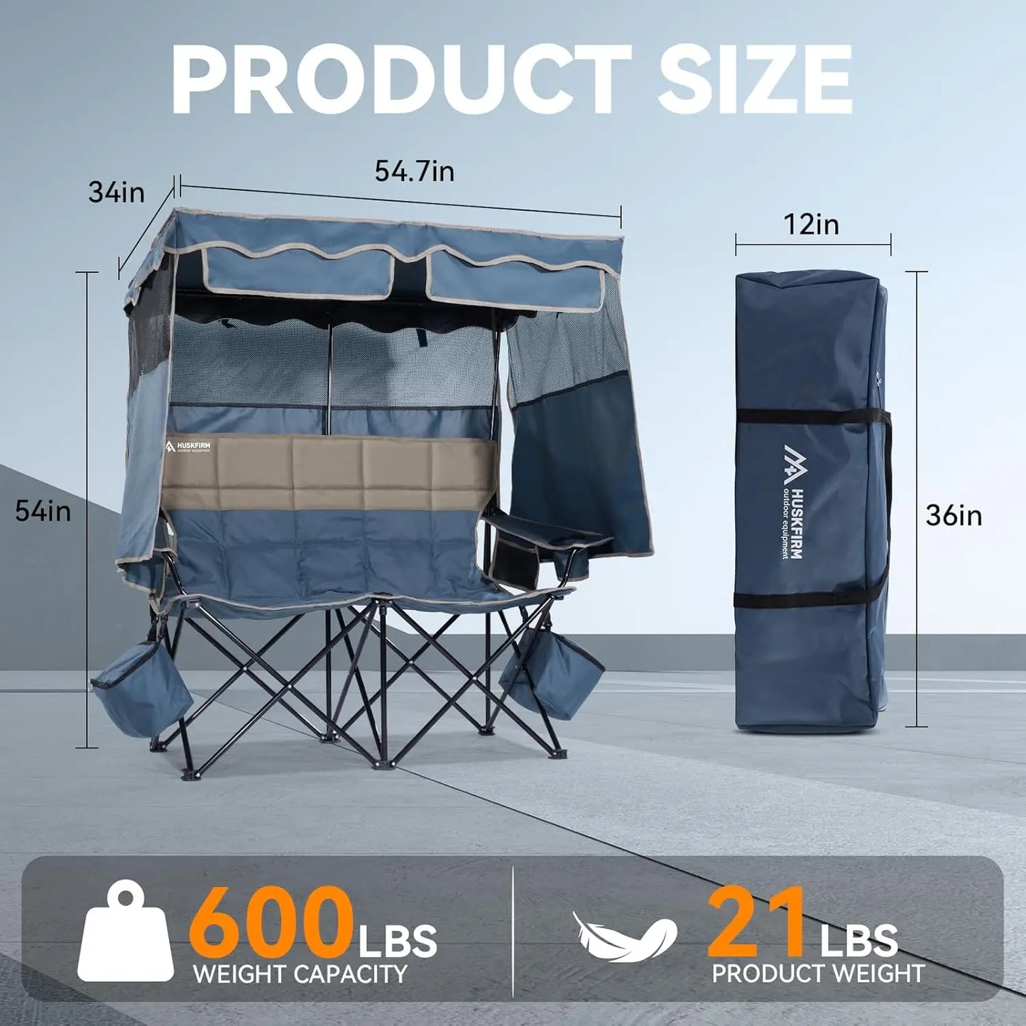 Double Camping Chair Removable Canopy Cup Holders Cooler Bag