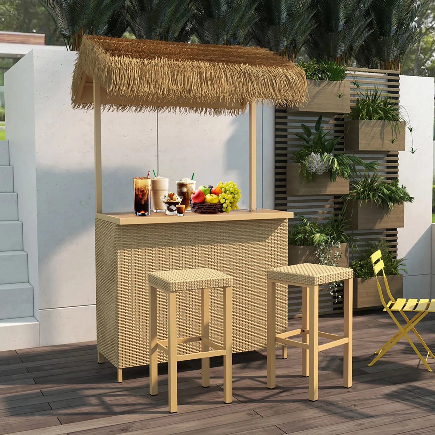 Grand Patio Phuket 3 Piece Wicker Islander Tiki Bar Set With Stools