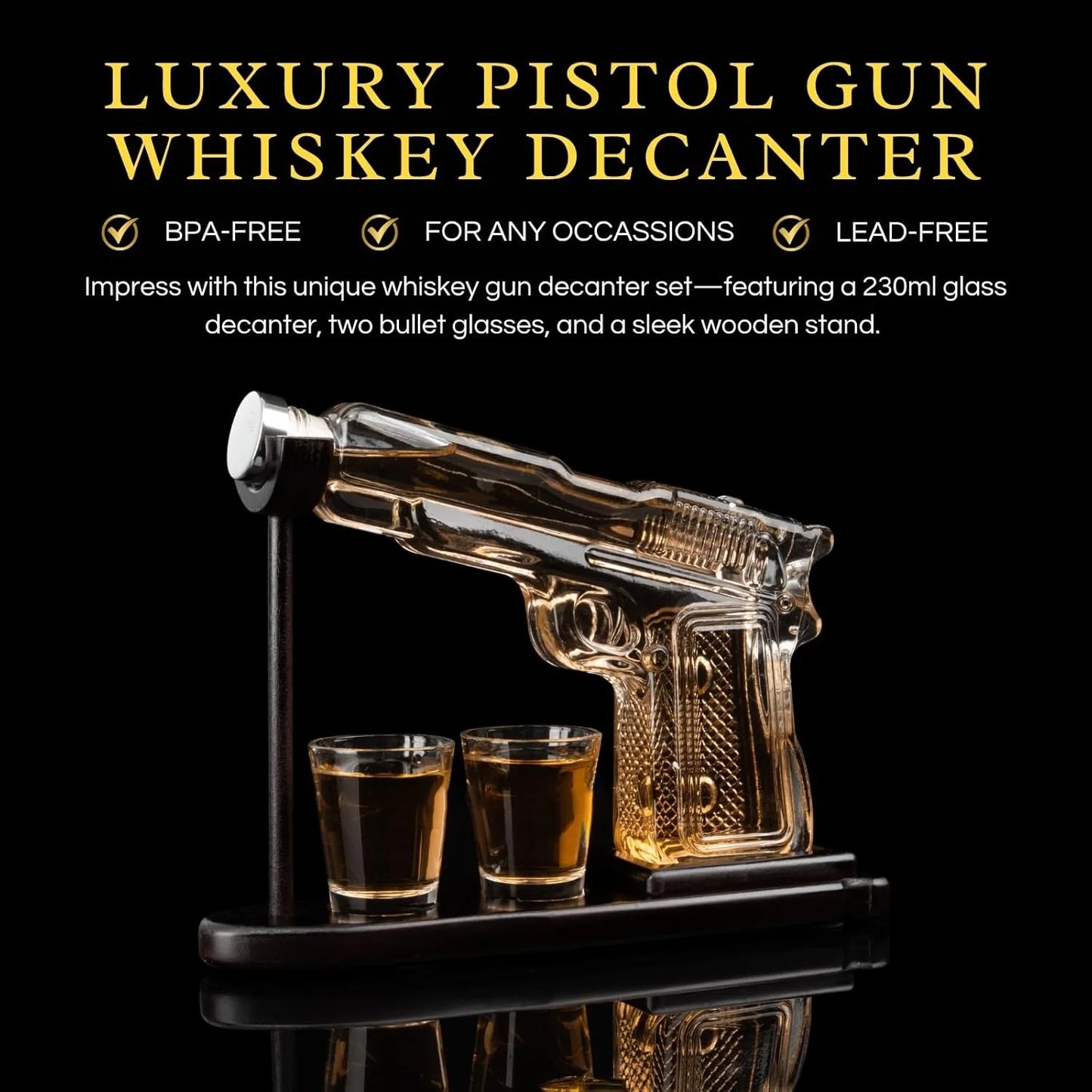 Gun Whiskey Decanter Set With Wooden Stand And 2 Cups