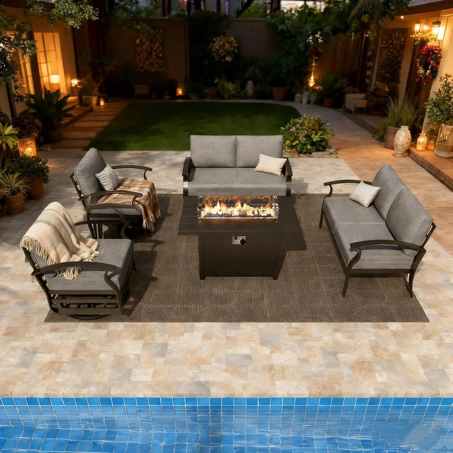 Aluminum Patio Furniture Set With Fire Pit Table And Chairs