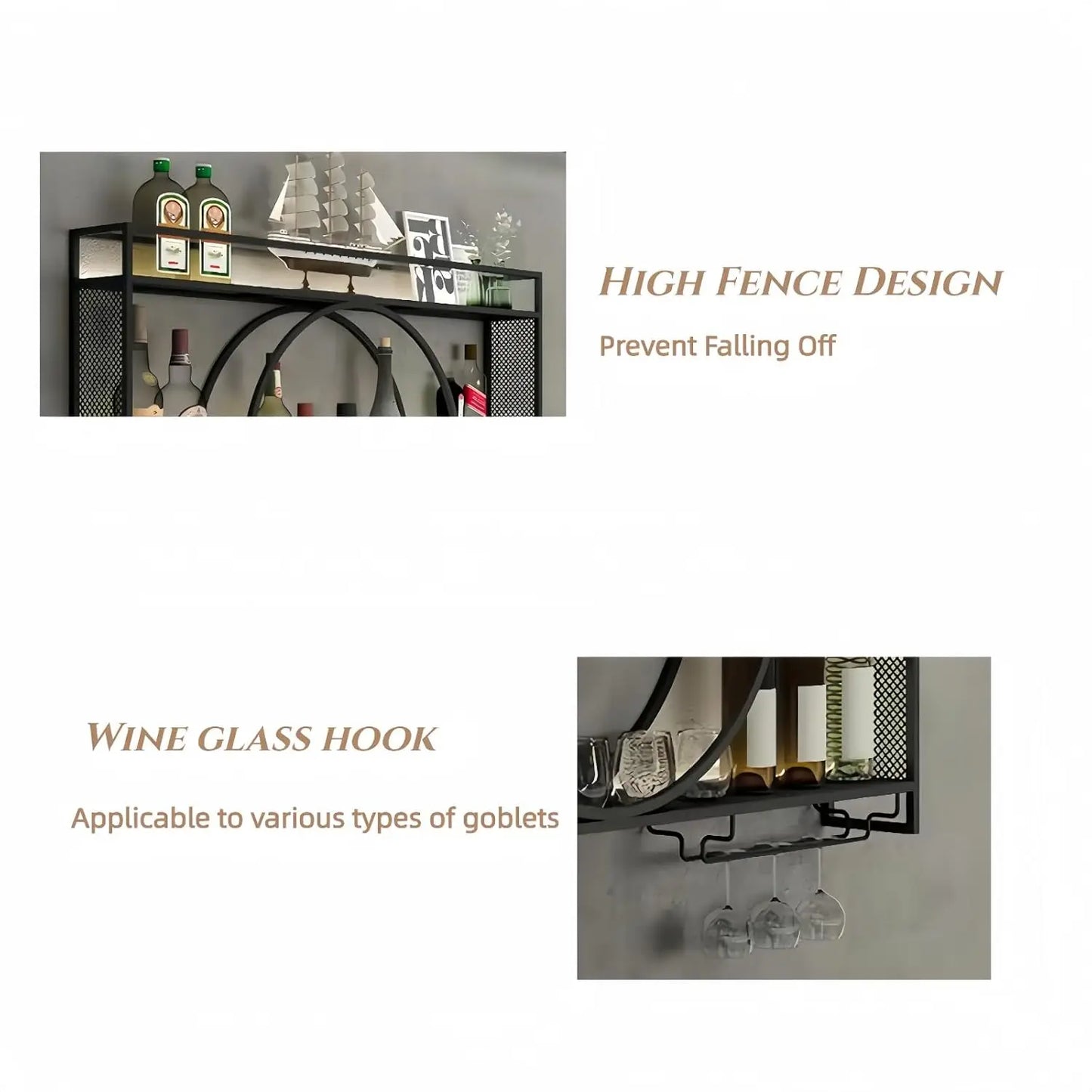 Wall Mounted Wine Rack With Glass Holder And 3 Tiers