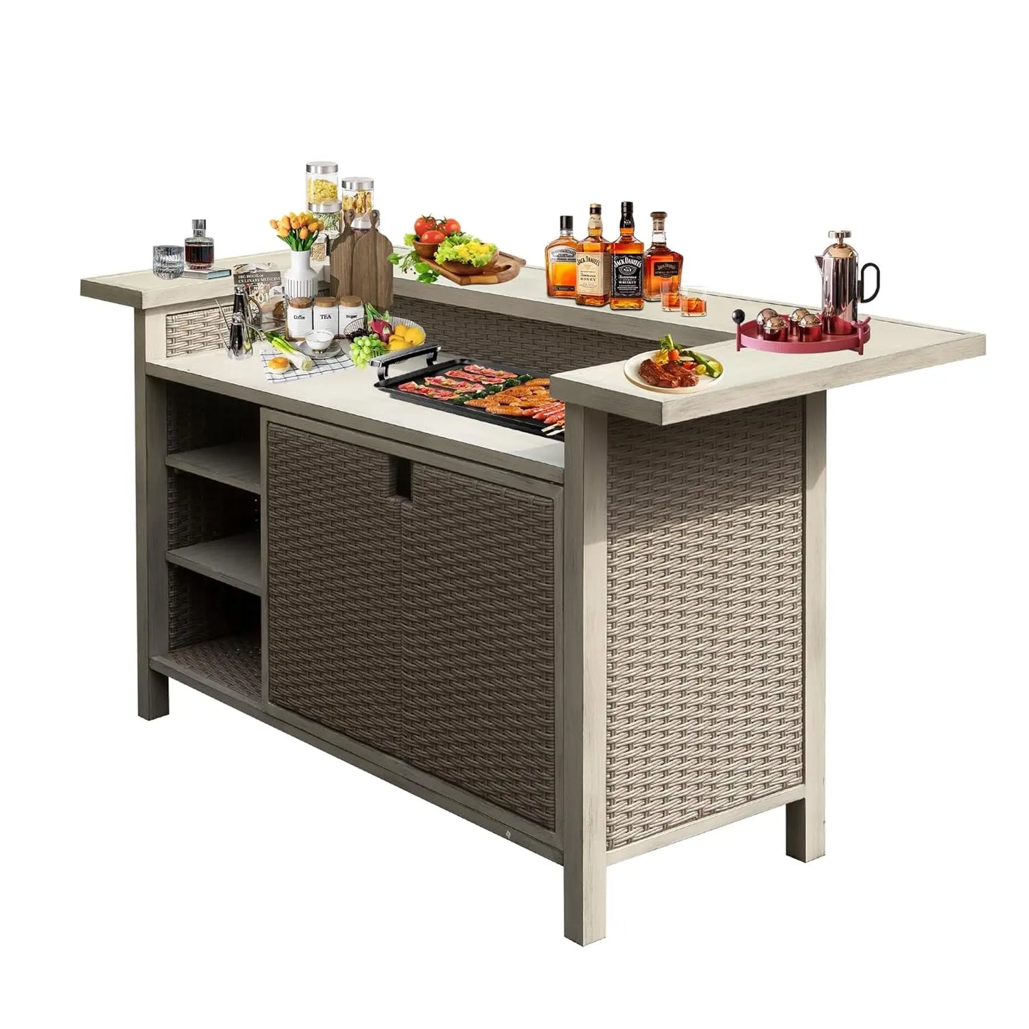 Domi Outdoor Patio Bar Table Aluminum Wicker Bar Cart Cabinet