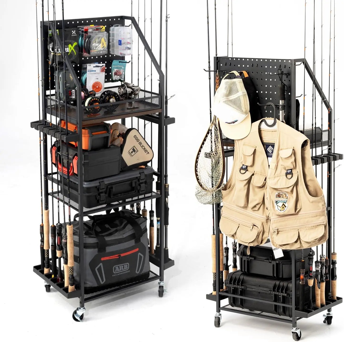 Fishing Rod Storage Cart Pegboard Holds 12 Rods Lockable Wheels
