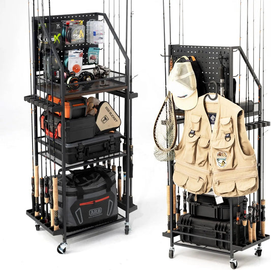 Fishing Rod Storage Cart Pegboard Holds 12 Rods Lockable Wheels