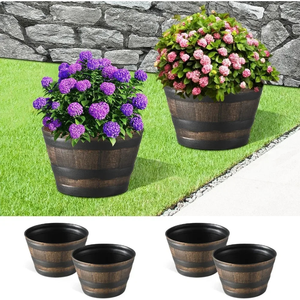 Rustic Oak Resin Whiskey Barrel Planters for Indoor Outdoor Plants