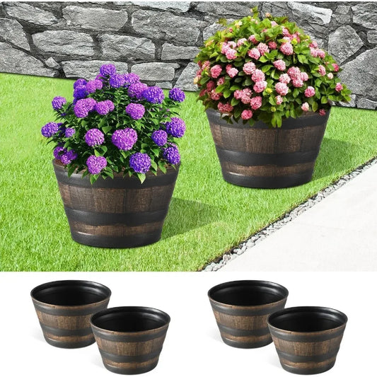Rustic Oak Resin Whiskey Barrel Planters for Indoor Outdoor Plants