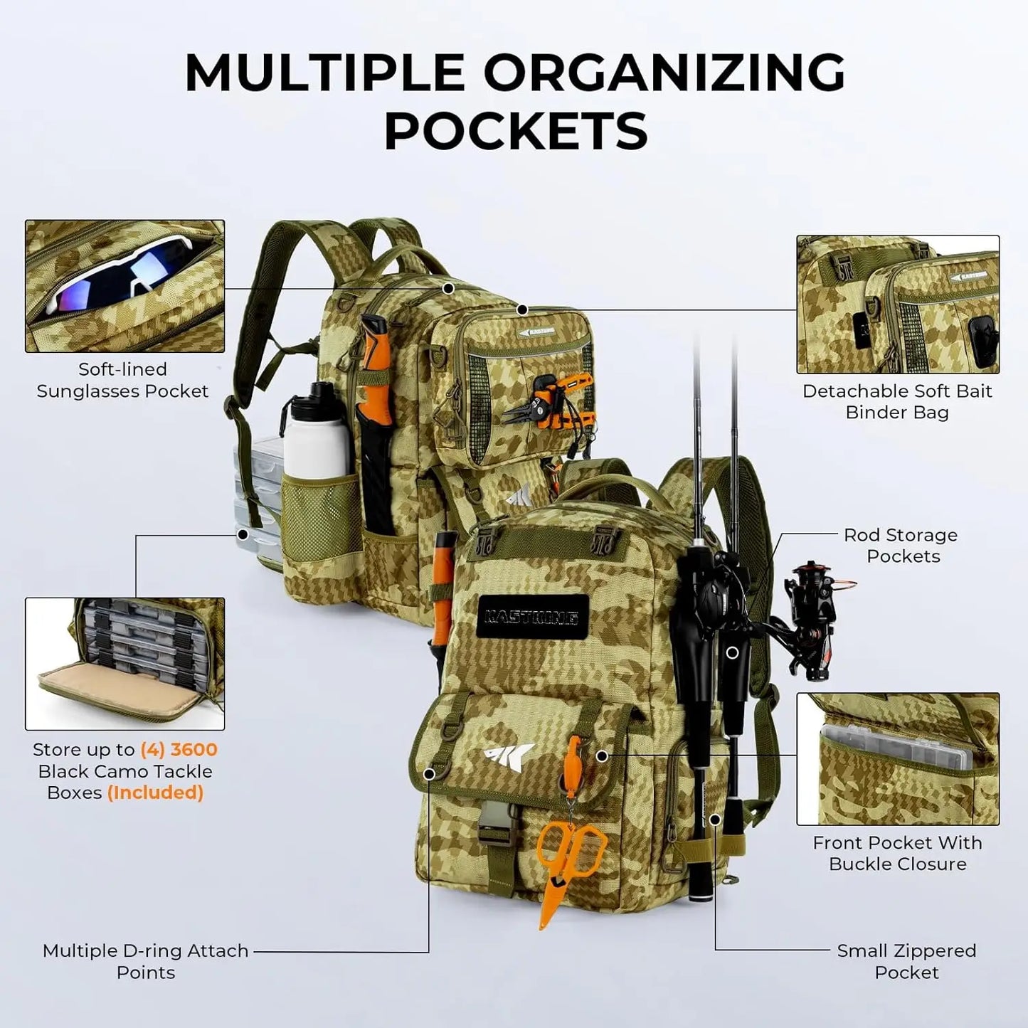 YTYIN BaitSpace Fishing Tackle Backpack With Removable Bait Binder