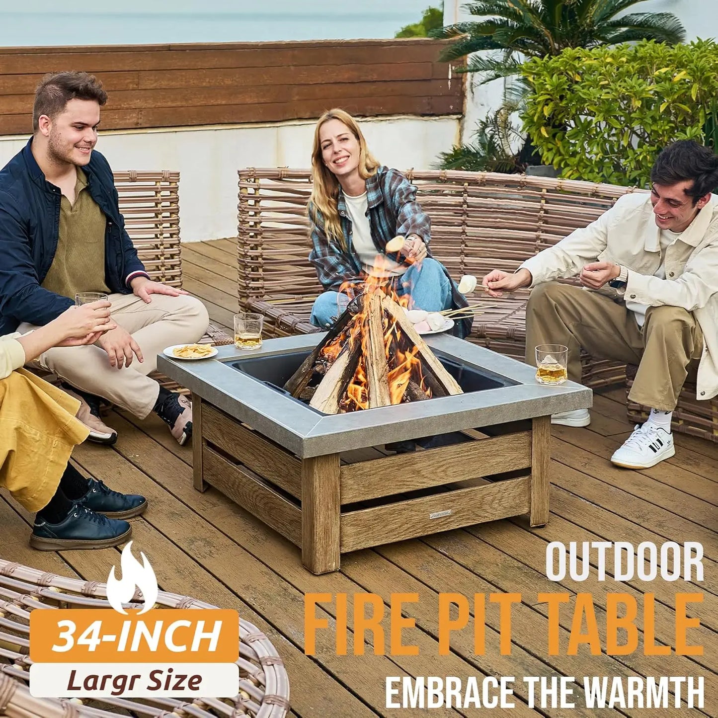 Wood Grain Outdoor Fire Pit With Iron Square Frame Mesh