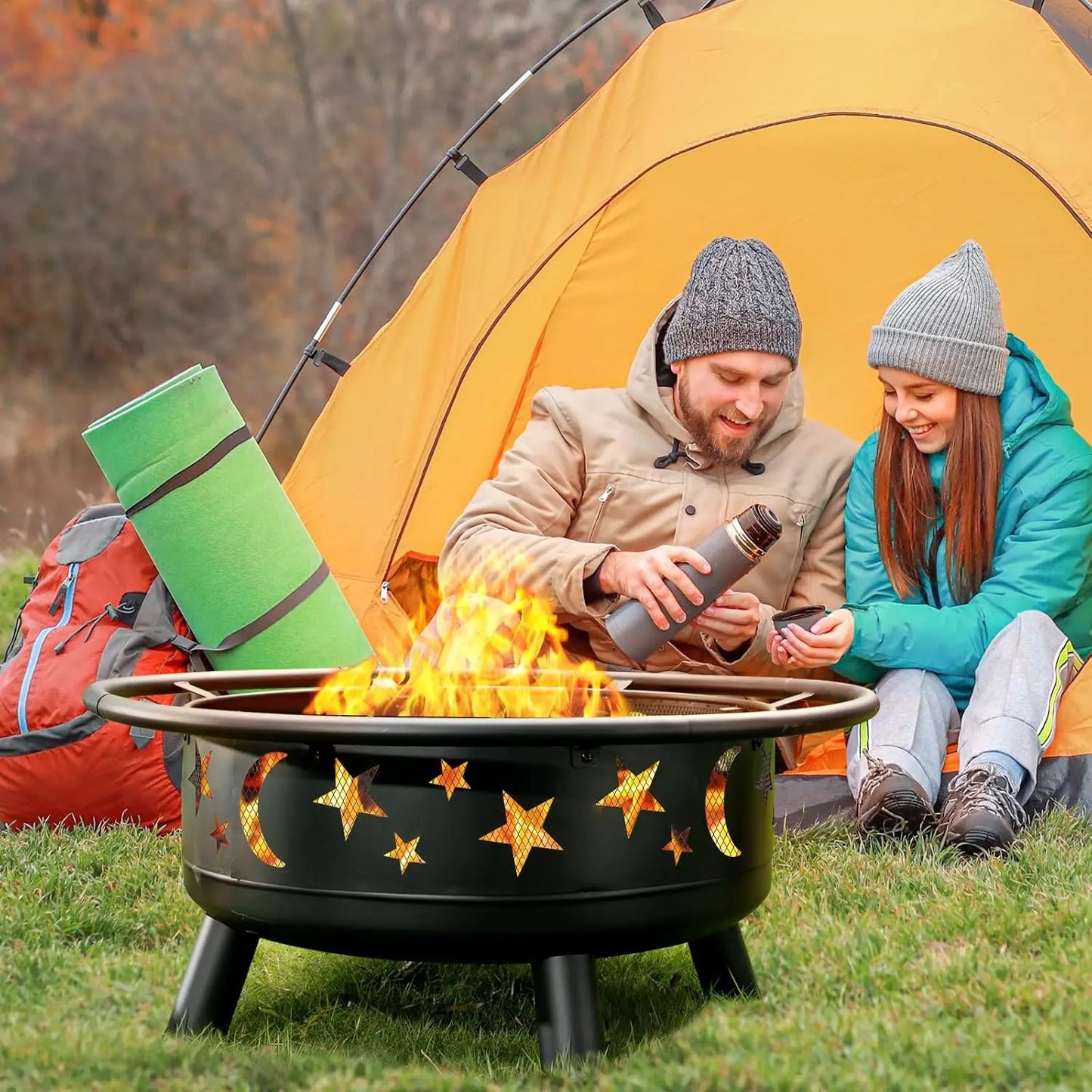 Round Fire Pit Star Moon Design Mesh Cover And Poker
