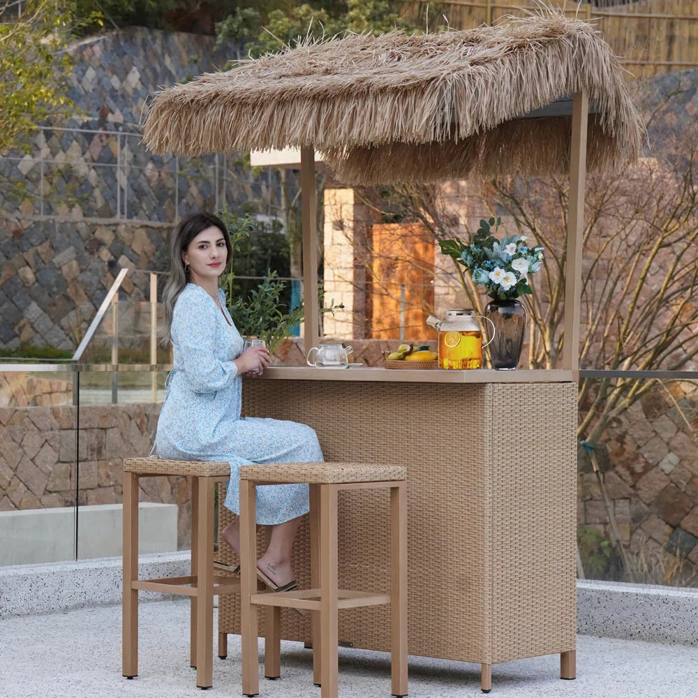 Grand Patio Phuket 3 Piece Wicker Islander Tiki Bar Set With Stools