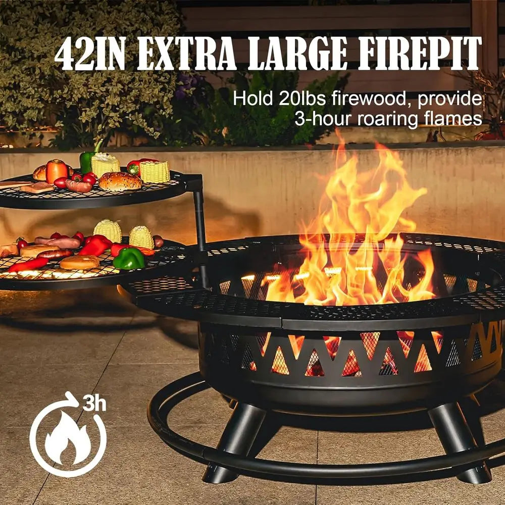 3-In-1 Fire Pit With 2 Grills Outdoor Wood Burning
