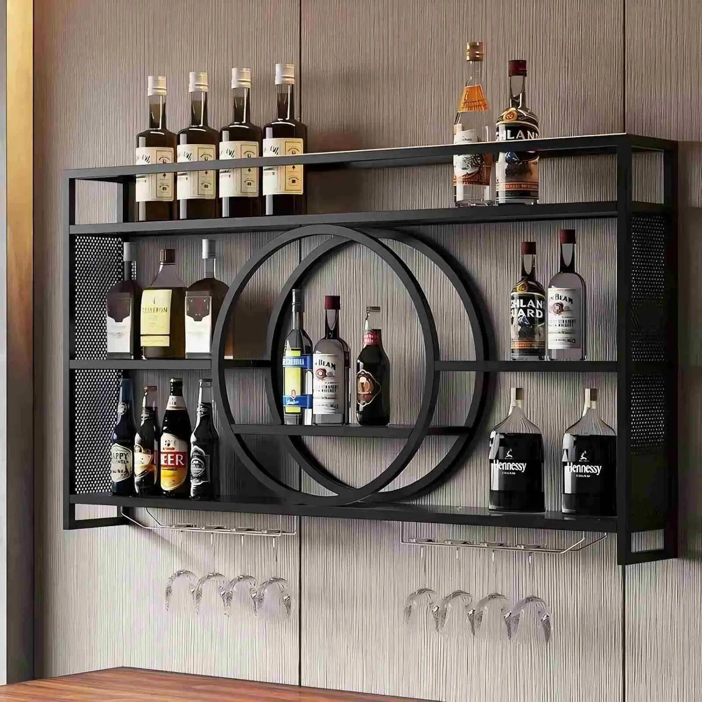 Wall Mounted Wine Rack With Glass Holder And 3 Tiers