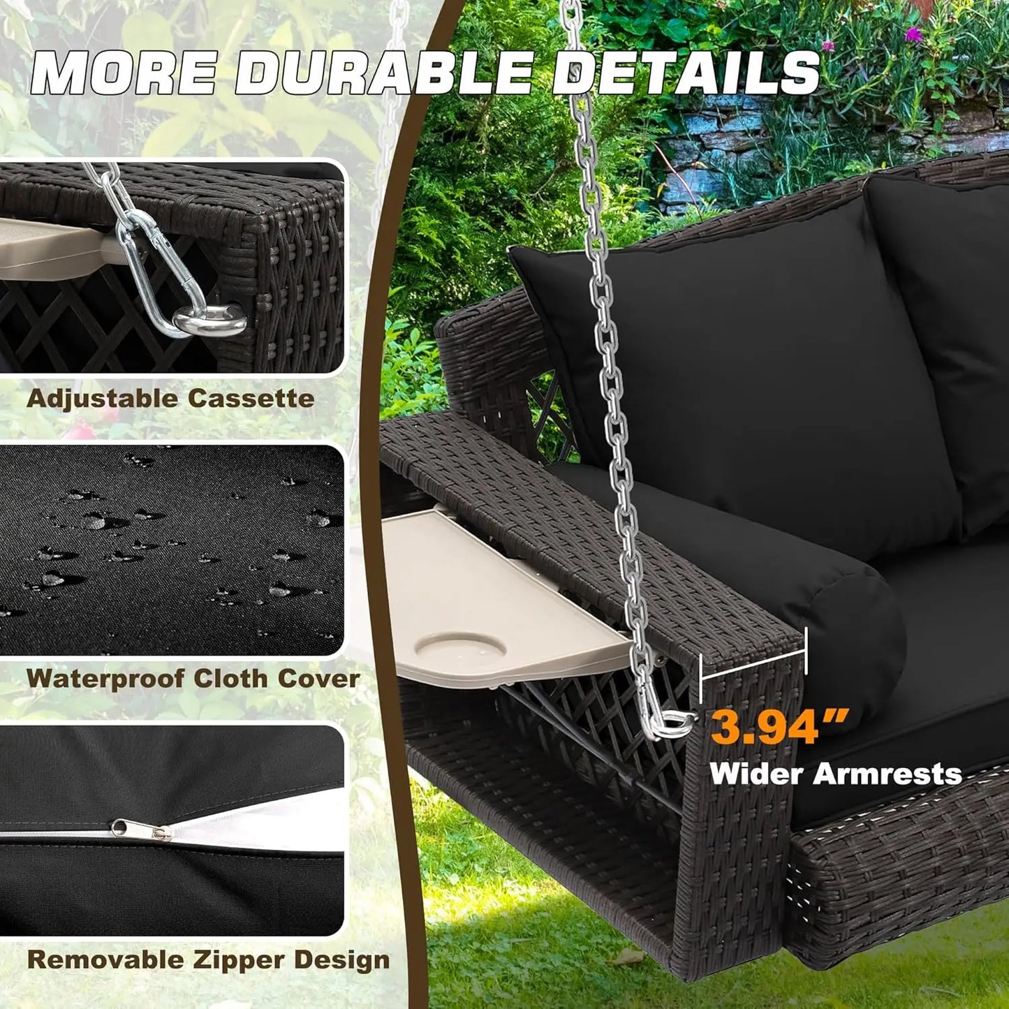 ZHENDAI Wicker Hanging Porch Swing 3-Seat Patio Swing