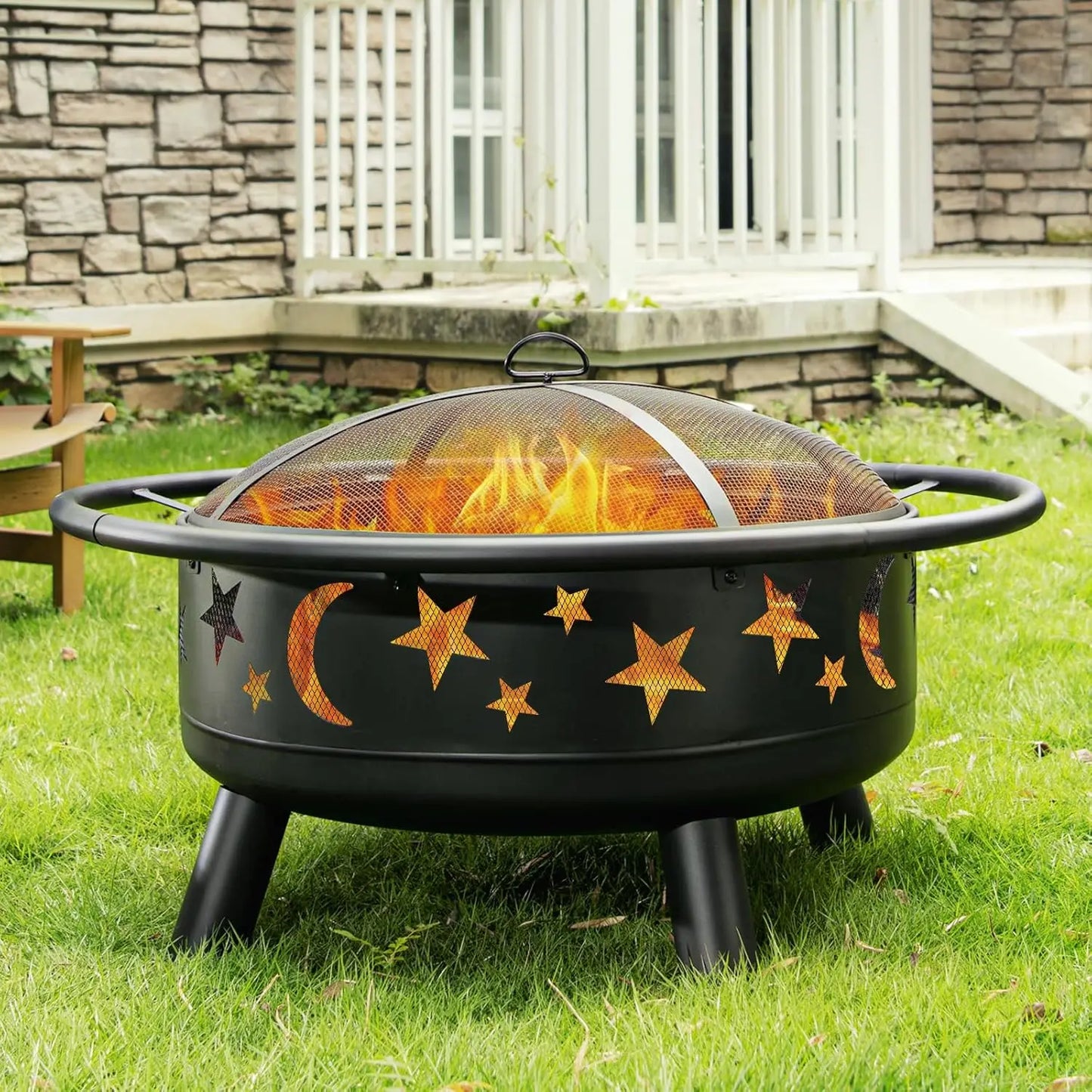 Round Fire Pit Star Moon Design Mesh Cover And Poker