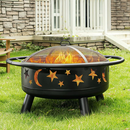 Round Fire Pit Star Moon Design Mesh Cover And Poker