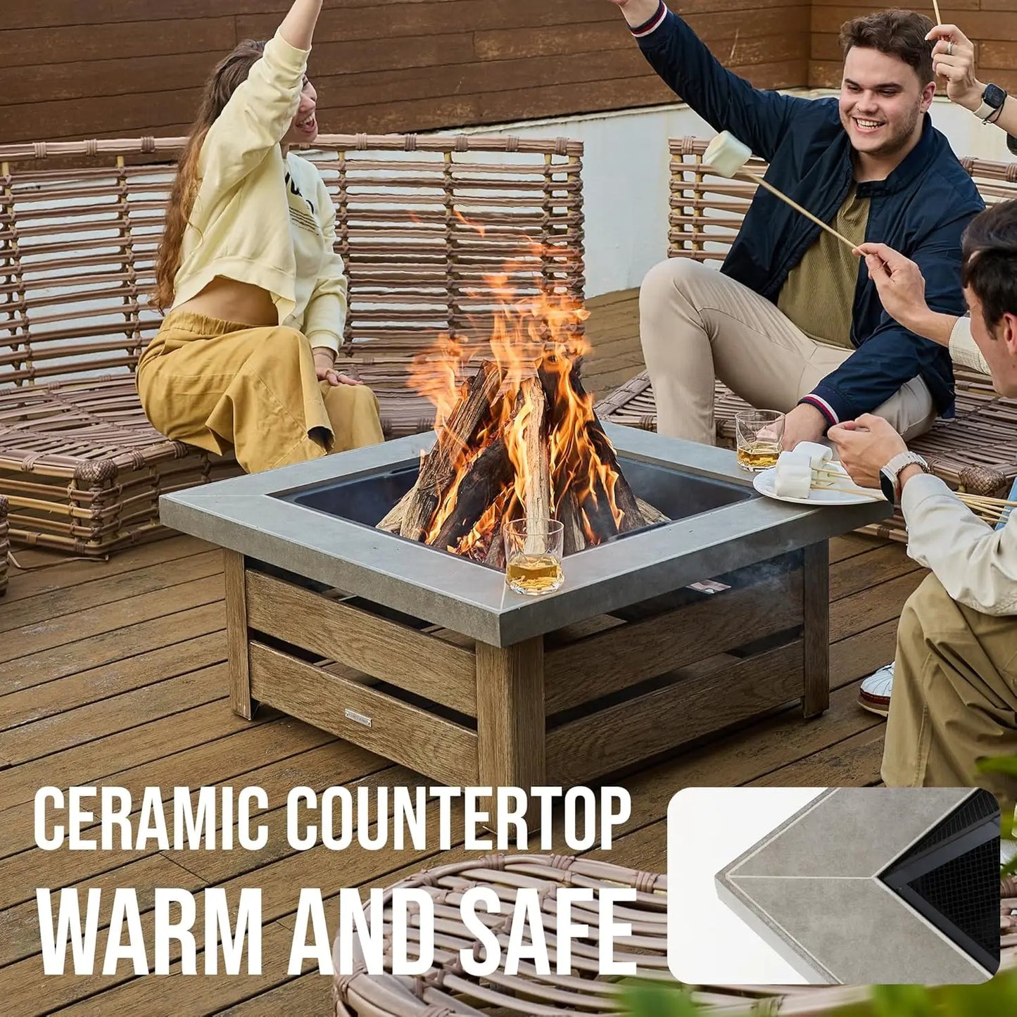 Wood Grain Outdoor Fire Pit With Iron Square Frame Mesh
