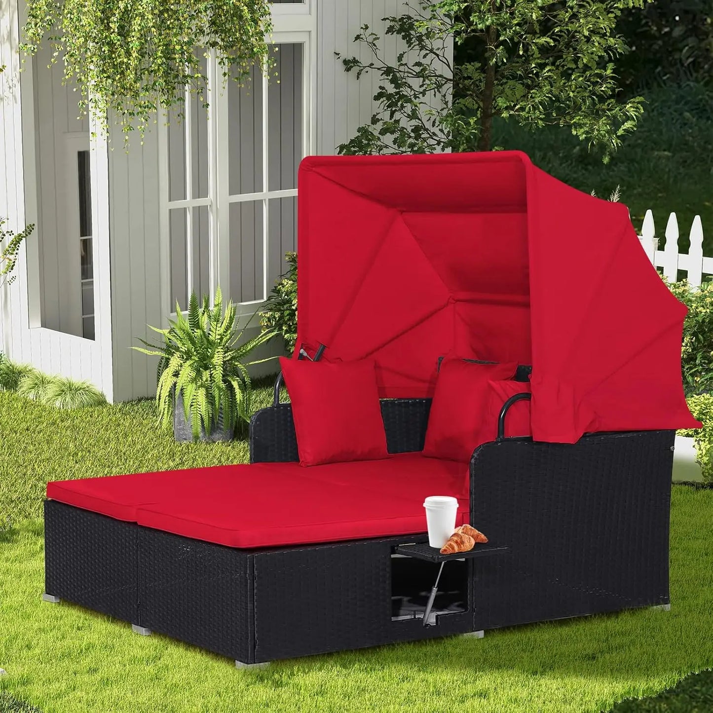 GUANGBAI Outdoor Daybed With Retractable Canopy Wicker Patio Set