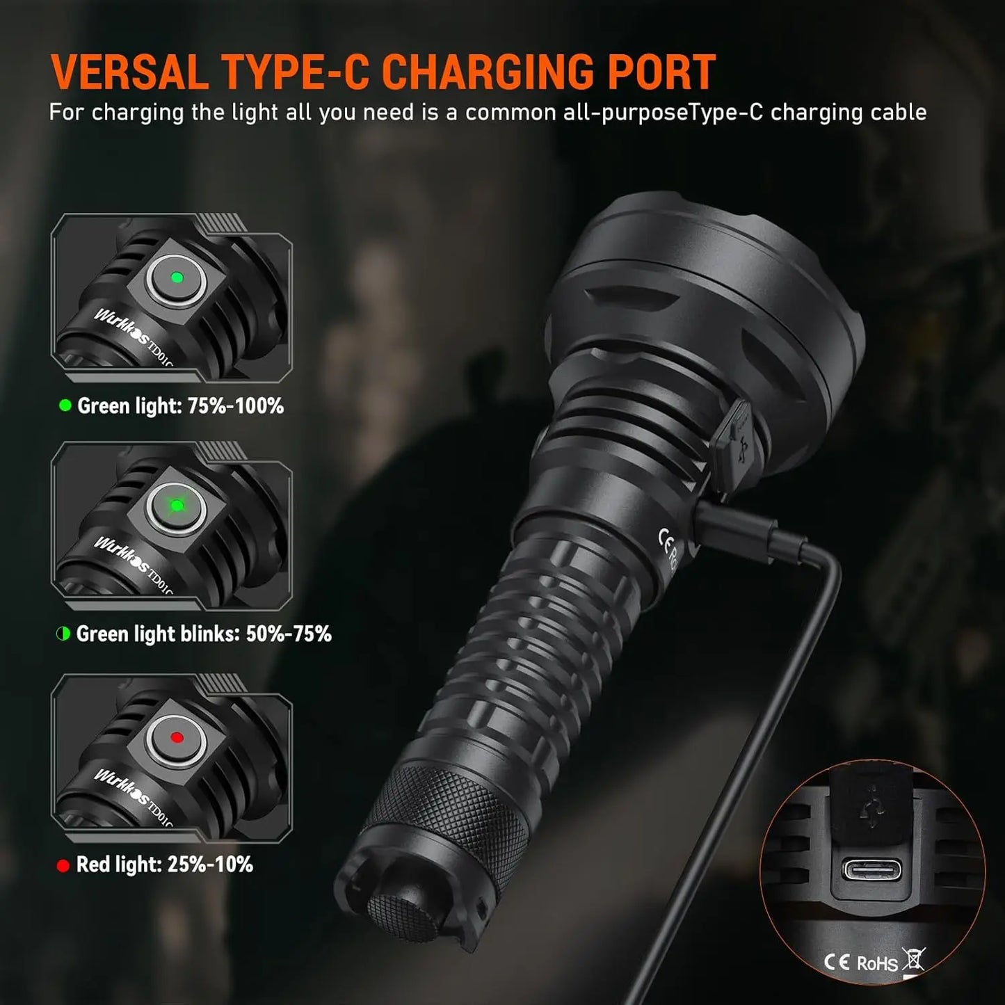 Wurkkos TD01C Tactical Flashlight USB Rechargeable 1800 Lumens