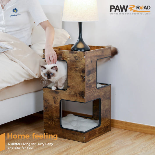 PAWZ Road Wood Cat Condo House With Scratching Pad Tower