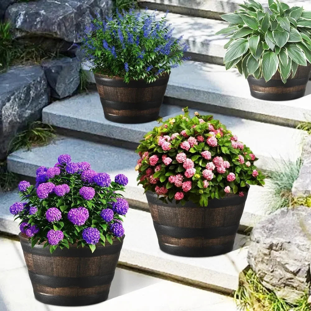 Rustic Oak Resin Whiskey Barrel Planters for Indoor Outdoor Plants