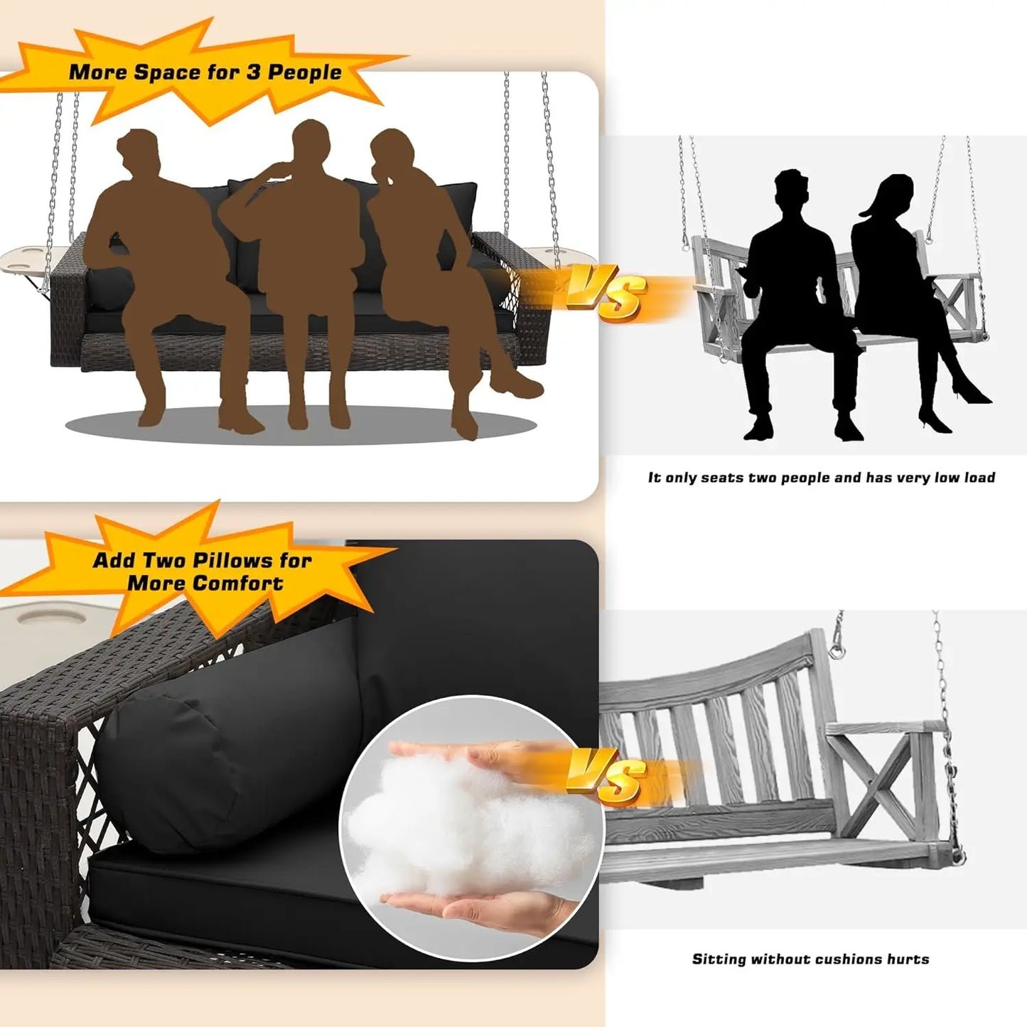 ZHENDAI Wicker Hanging Porch Swing 3-Seat Patio Swing