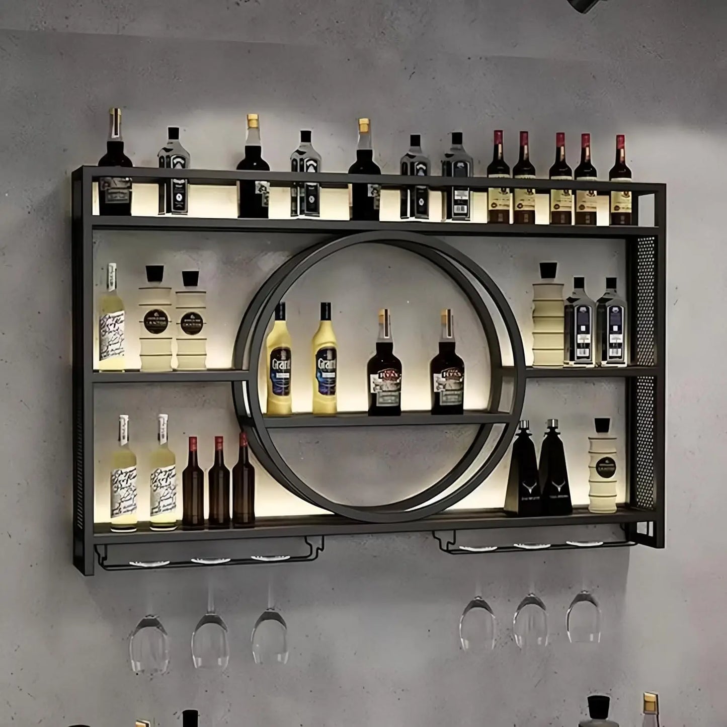 Wall Mounted Wine Rack With Glass Holder And 3 Tiers