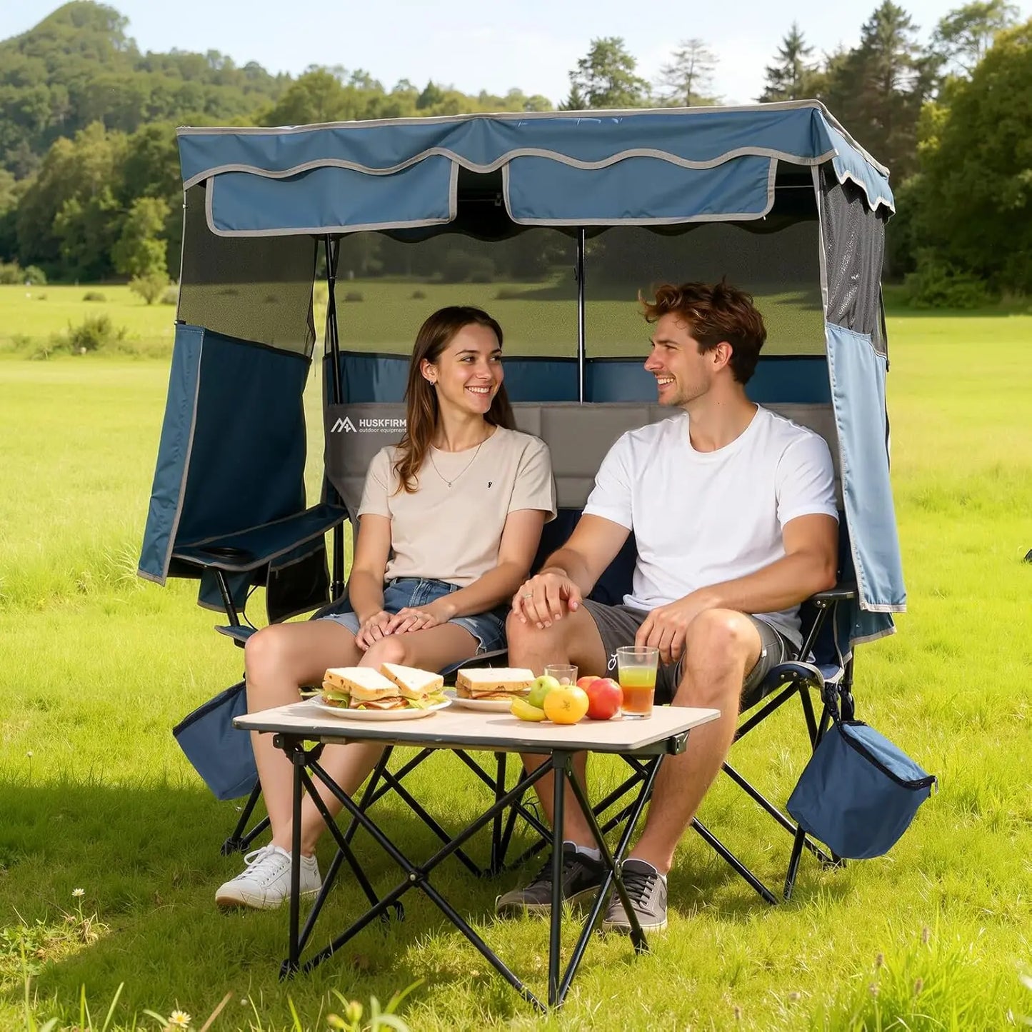 Double Camping Chair Removable Canopy Cup Holders Cooler Bag