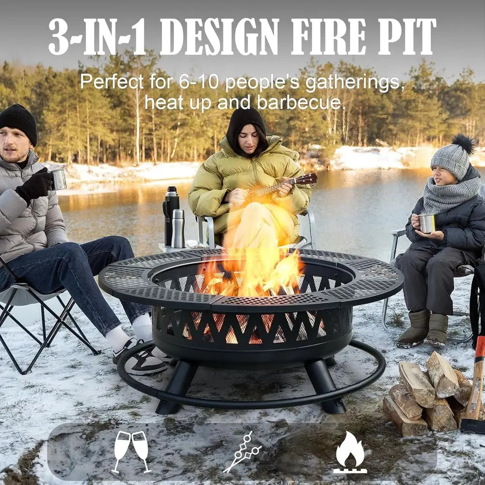 3-In-1 Fire Pit With 2 Grills Outdoor Wood Burning