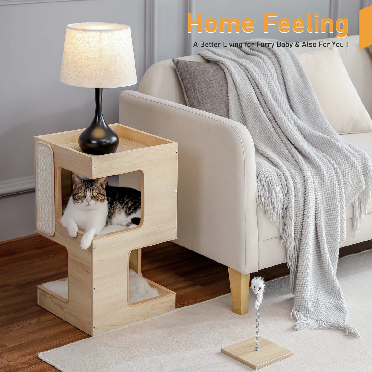 PAWZ Road Wood Cat Condo House With Scratching Pad Tower