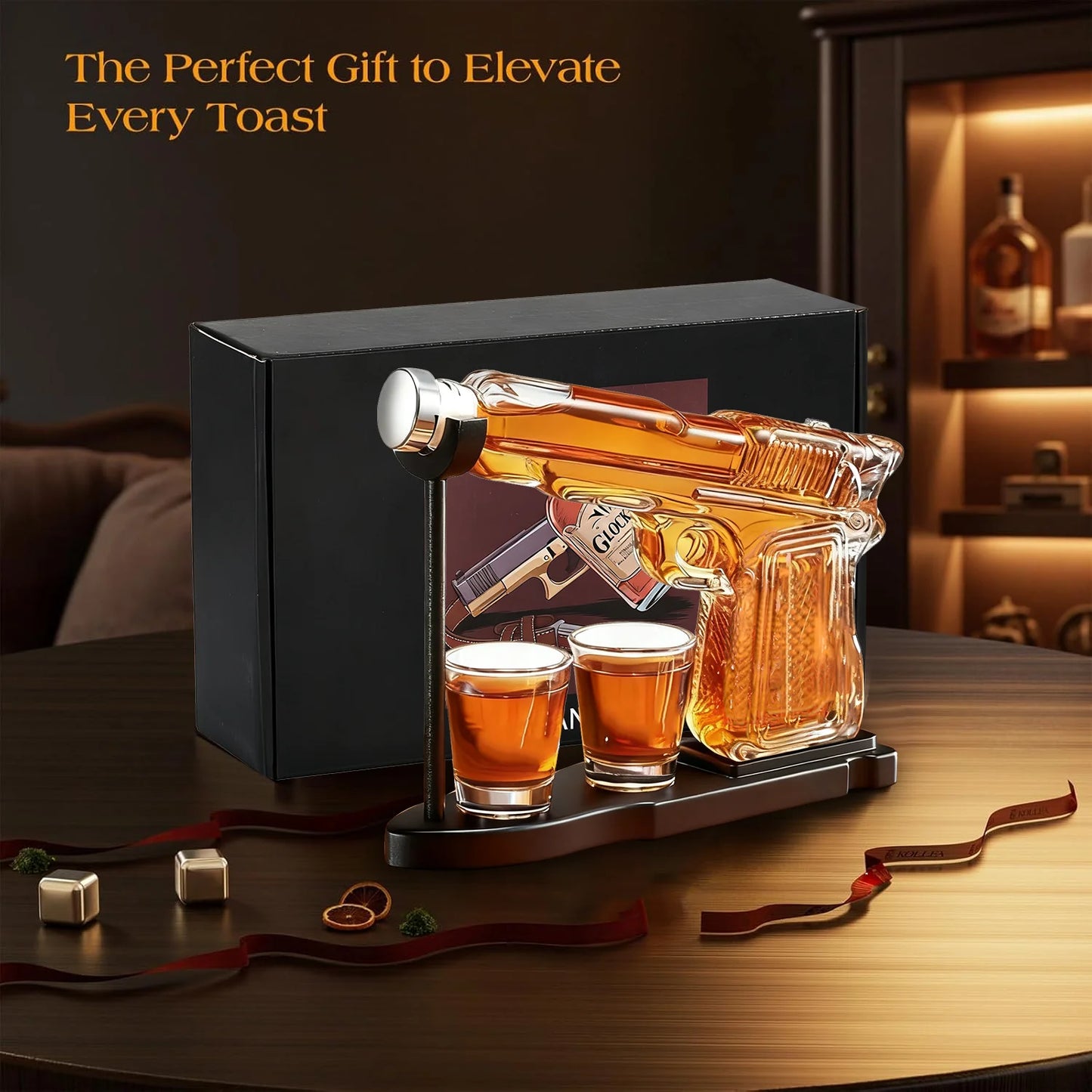 Gun Whiskey Decanter Set With Wooden Stand And 2 Cups