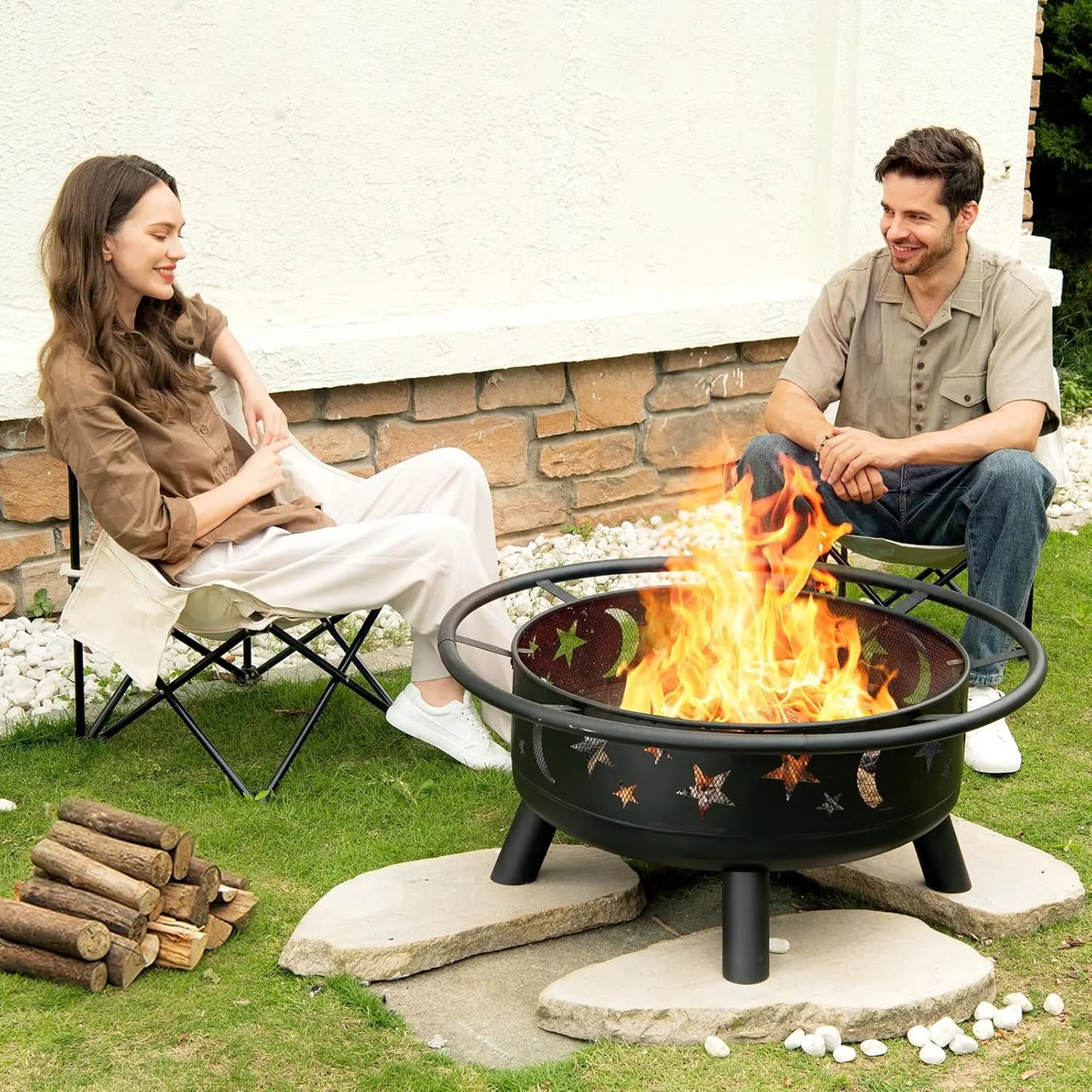 Round Fire Pit Star Moon Design Mesh Cover And Poker