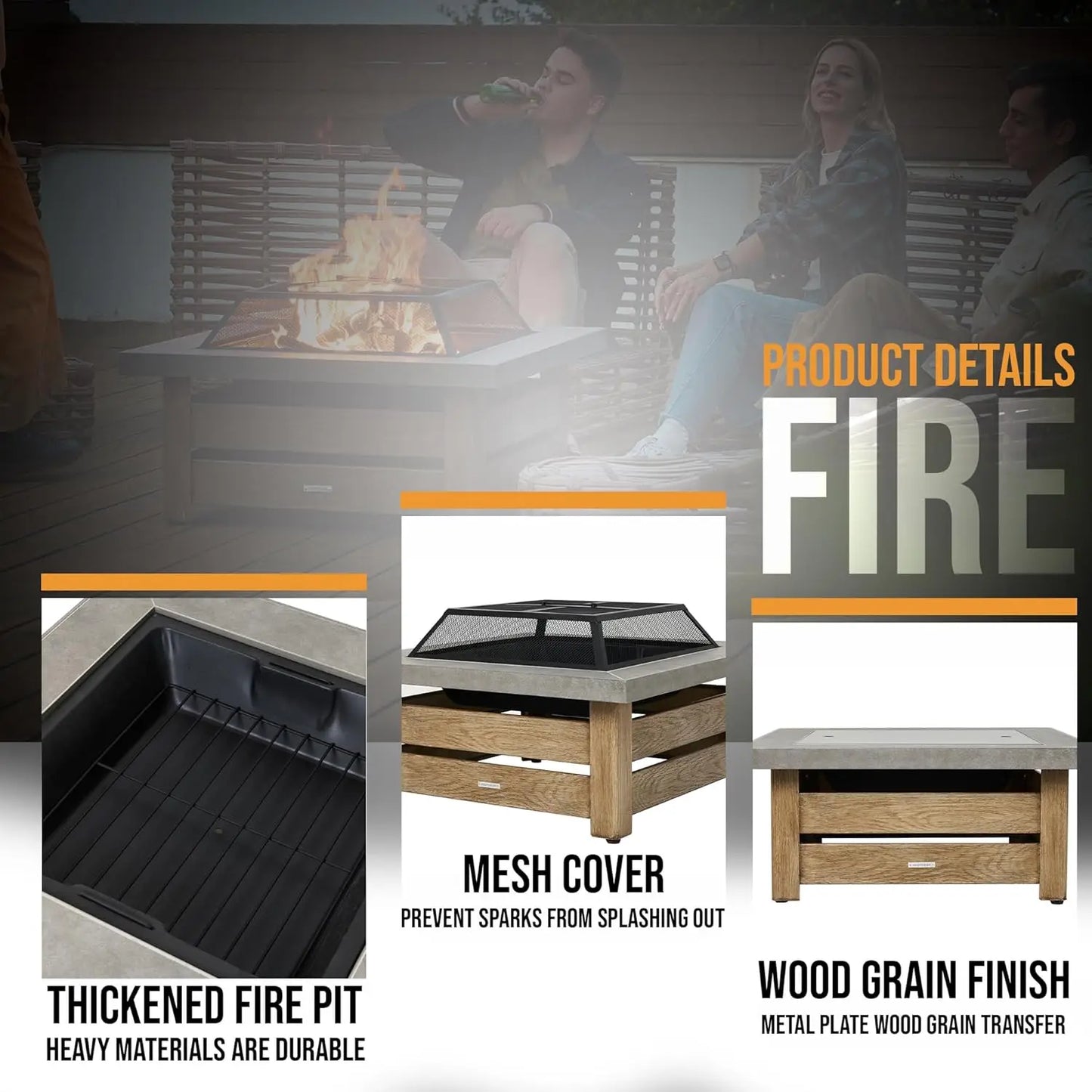 Wood Grain Outdoor Fire Pit With Iron Square Frame Mesh
