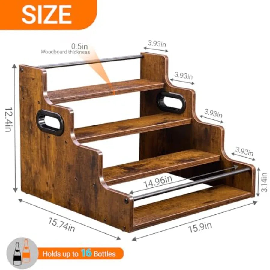 Two Pack Four Tier Liquor Bottle Display Shelf Wooden Bar Shelves