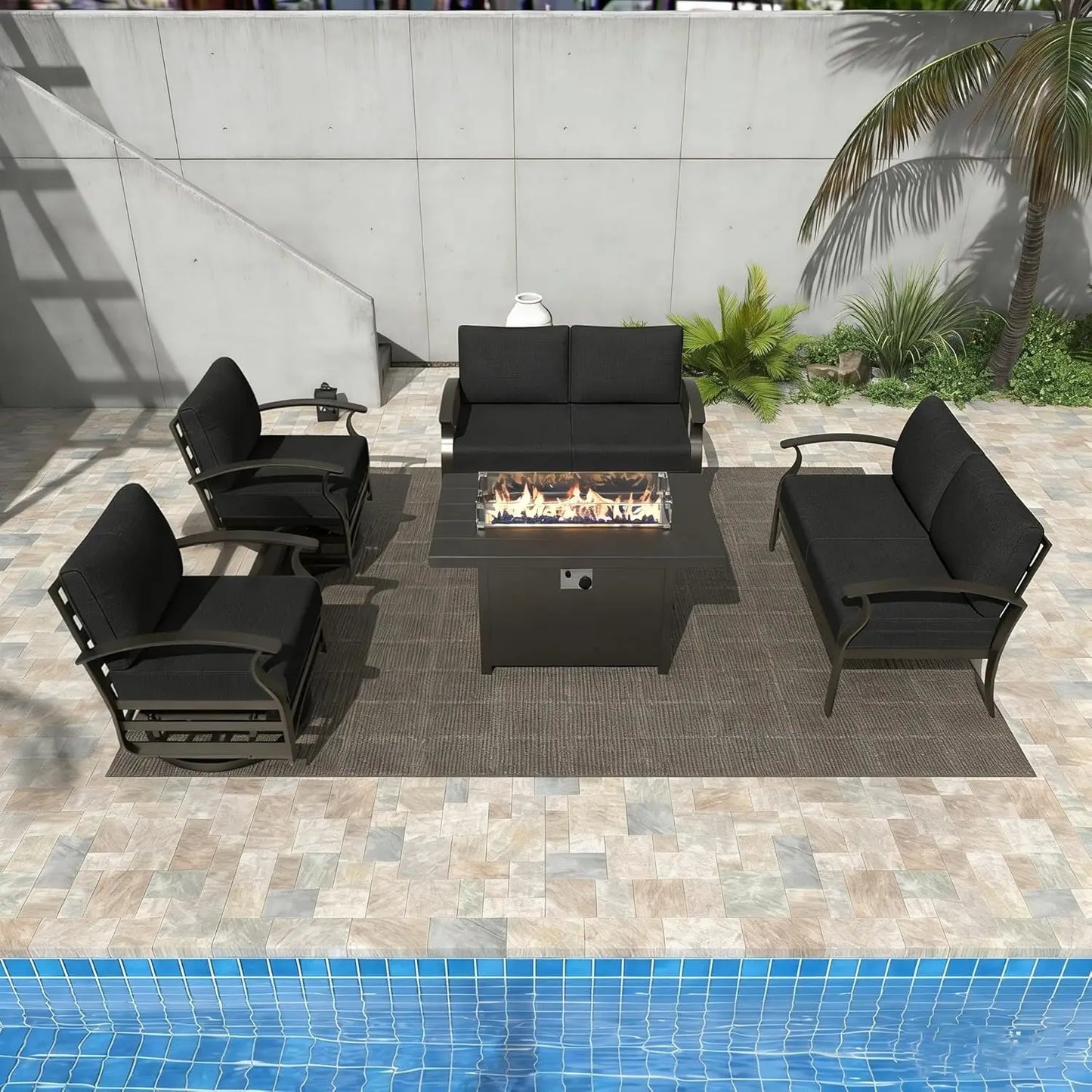 Aluminum Patio Set With Fire Pit Table And Swivel Chairs
