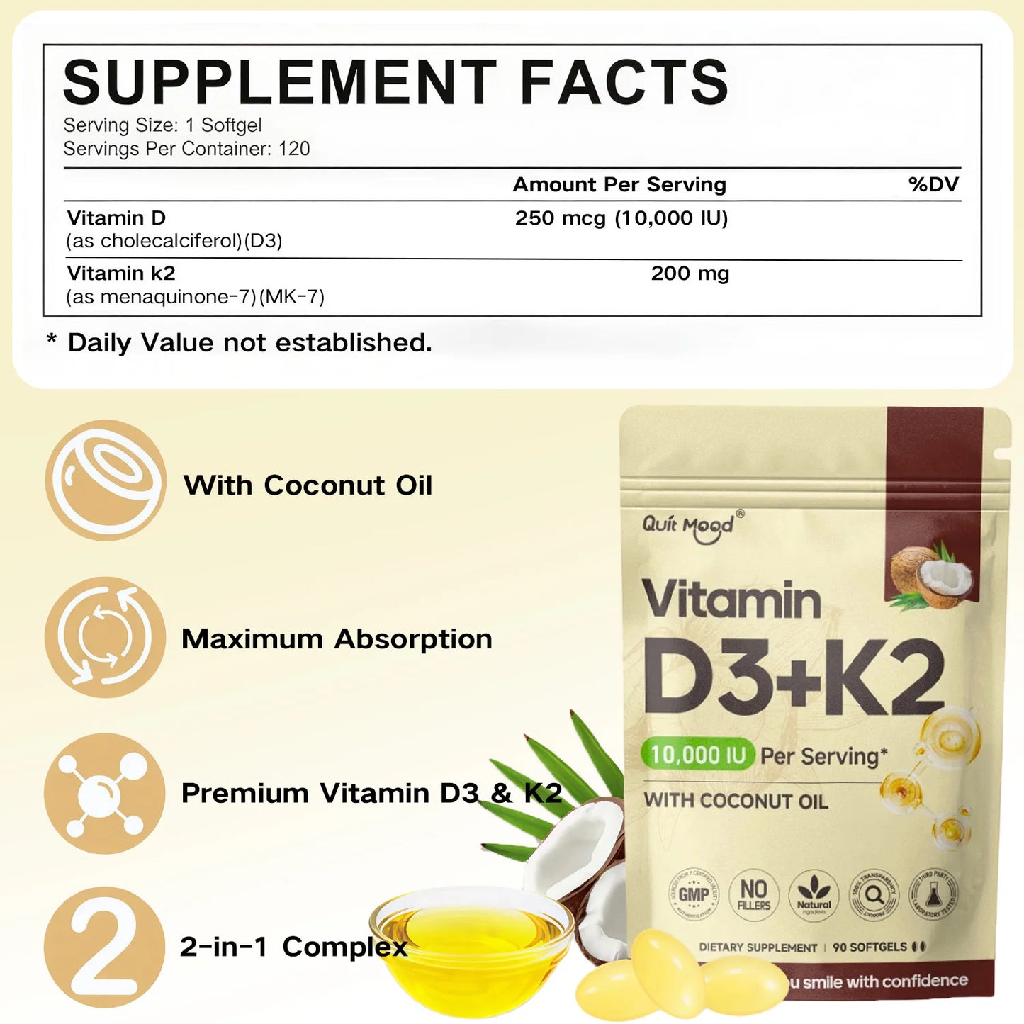 Quit Mood Vitamin D3K2 Soft Capsules For Calcium Support