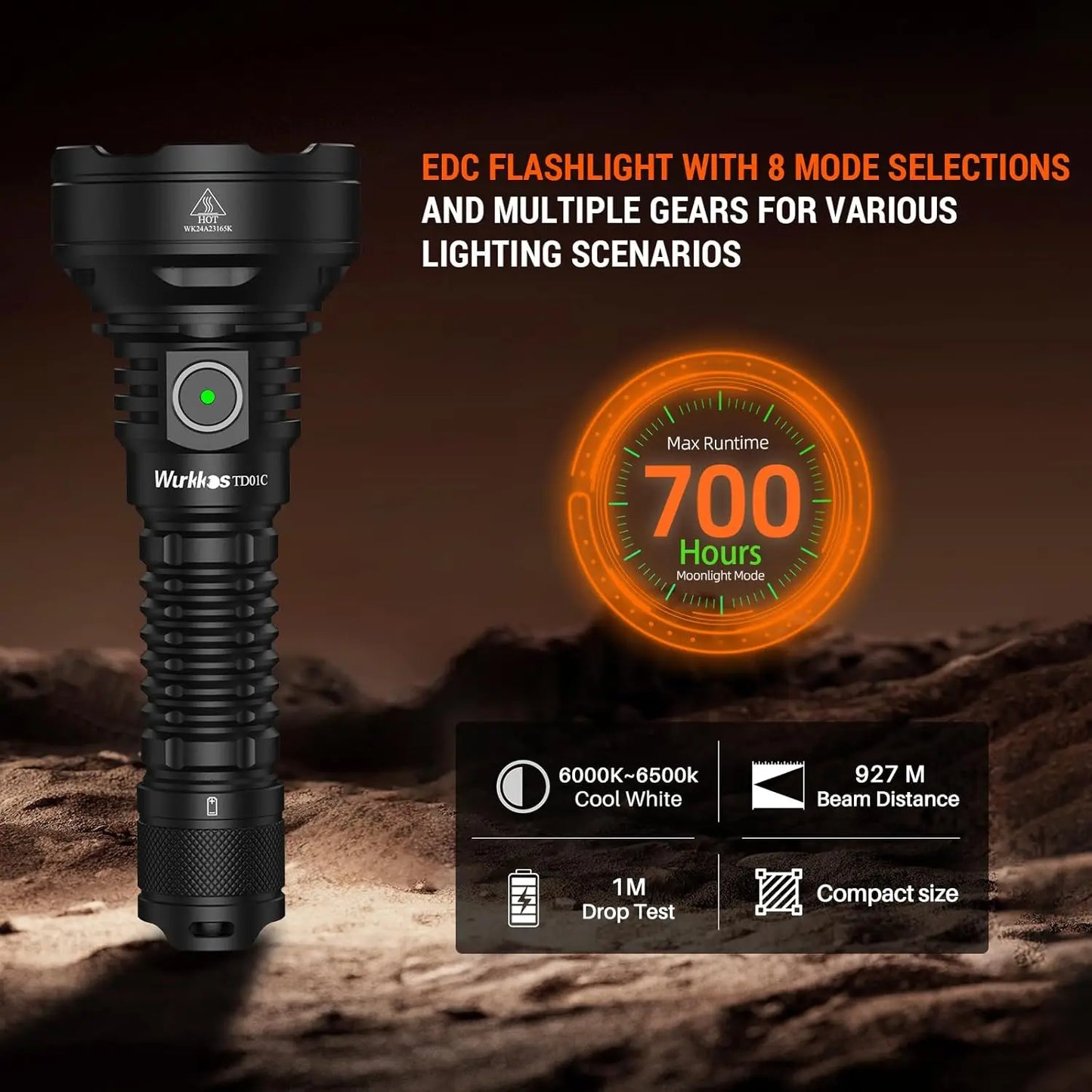 Wurkkos TD01C Tactical Flashlight USB Rechargeable 1800 Lumens