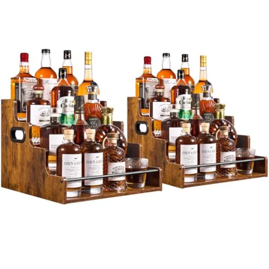 Two Pack Four Tier Liquor Bottle Display Shelf Wooden Bar Shelves